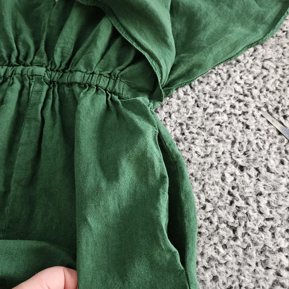Zara Green Jumpsuit XS Rustic Linen Blend Wide Leg V-Neck Tie Back Short Sleeve